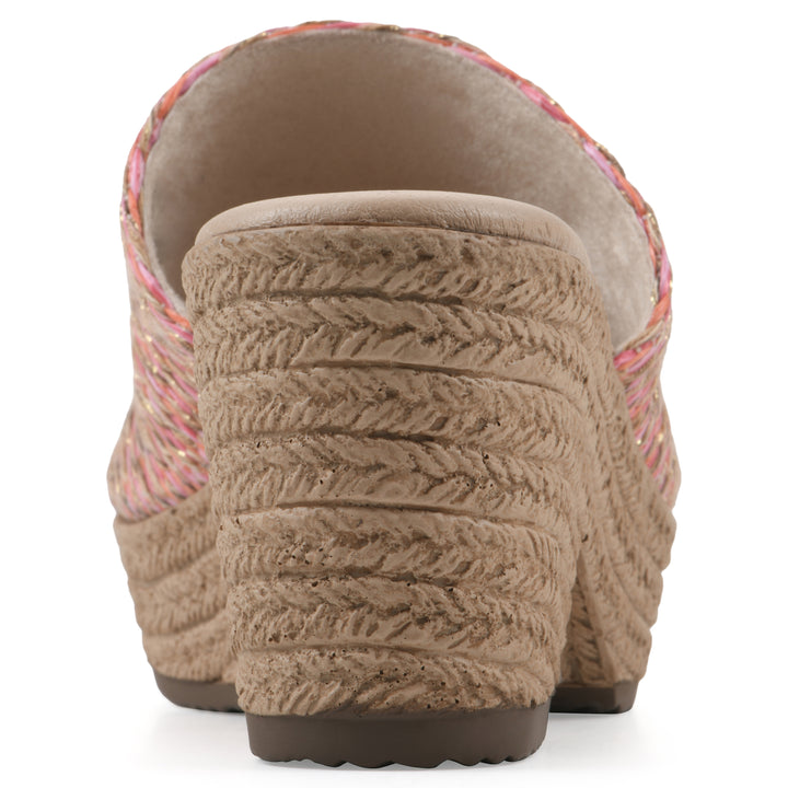 Rear view of a muted orange and gold woven wedge sandal with a braided rope-style sole
