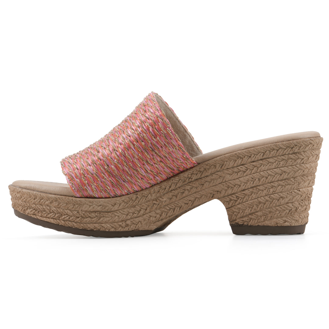 Side view of a muted orange and gold woven wedge sandal with a braided rope-style sole