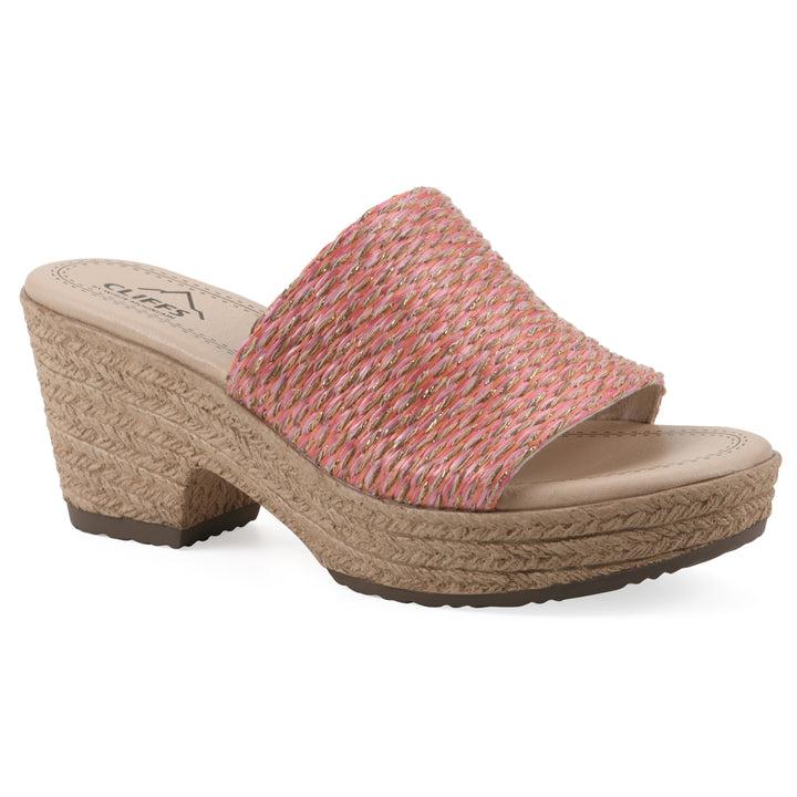 Angle view of a muted orange and gold woven wedge sandal with a braided rope-style sole
