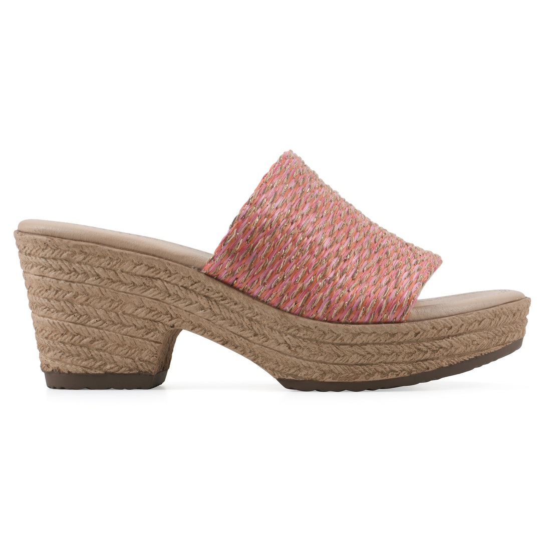 Side view of a muted orange and gold woven wedge sandal with a braided rope-style sole