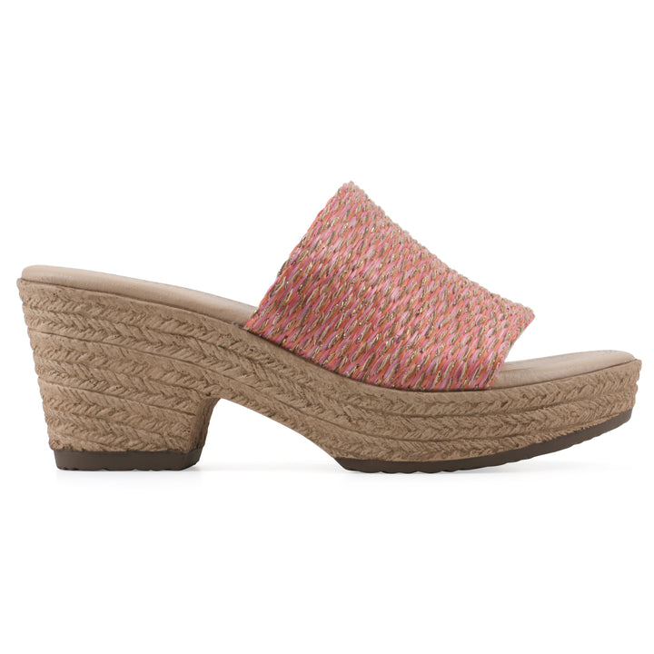 Side view of a muted orange and gold woven wedge sandal with a braided rope-style sole