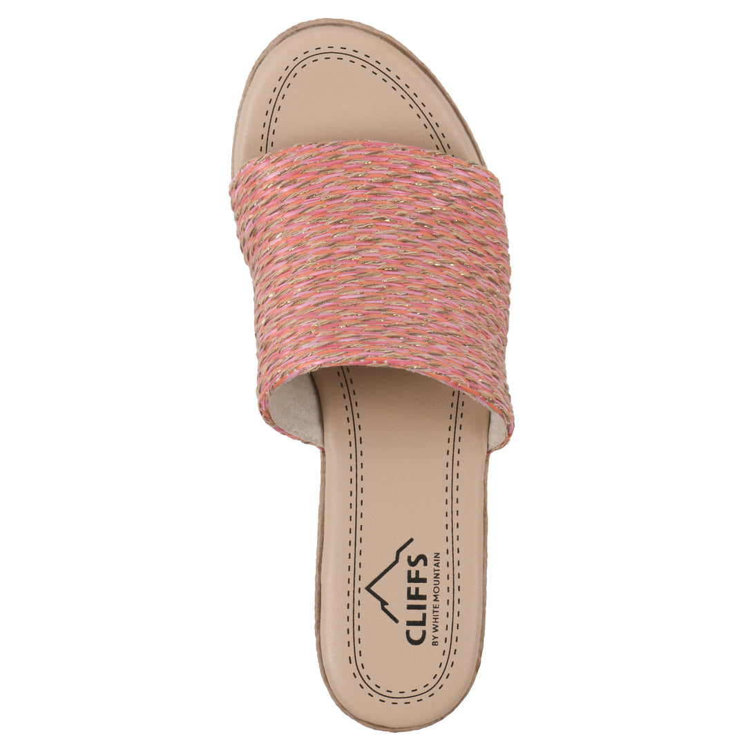Top view of a muted orange and gold woven wedge sandal with a braided rope-style sole