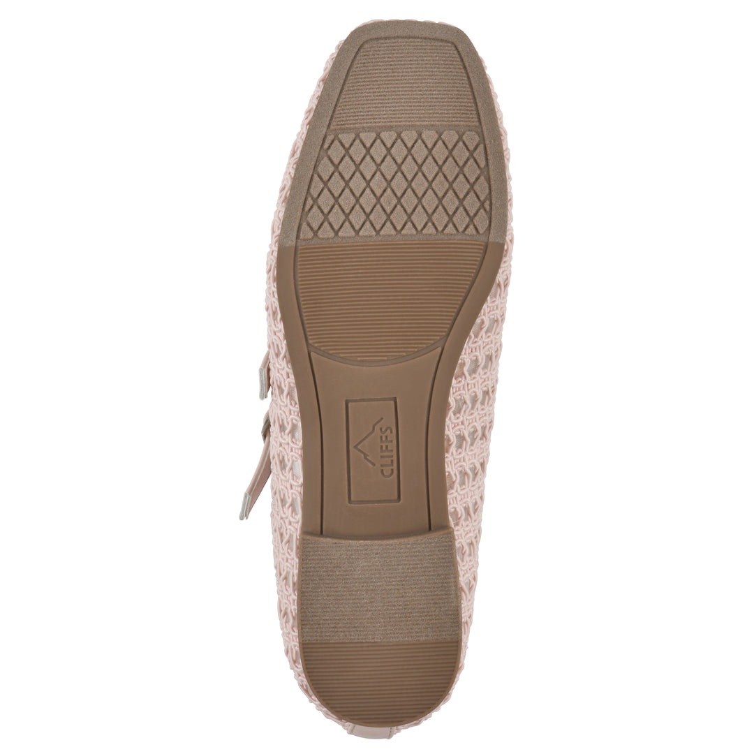 Sole view of a light pink mesh ballet flat with double adjustable mini straps and a brown sole 
