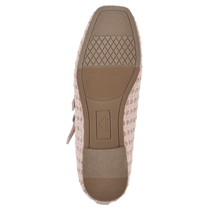 Sole view of a light pink mesh ballet flat with double adjustable mini straps and a brown sole 