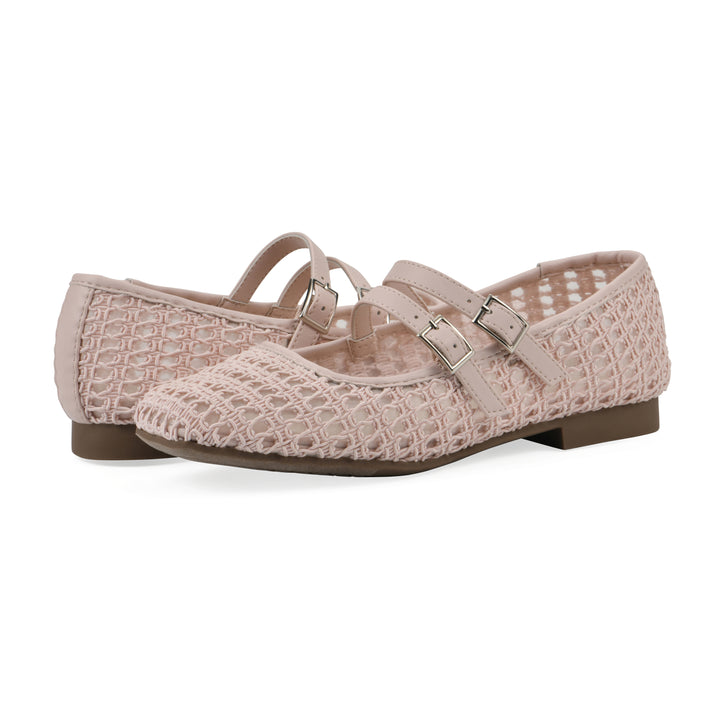 Angle view of a pair of light pink mesh ballet flats with double adjustable mini straps and a brown sole 