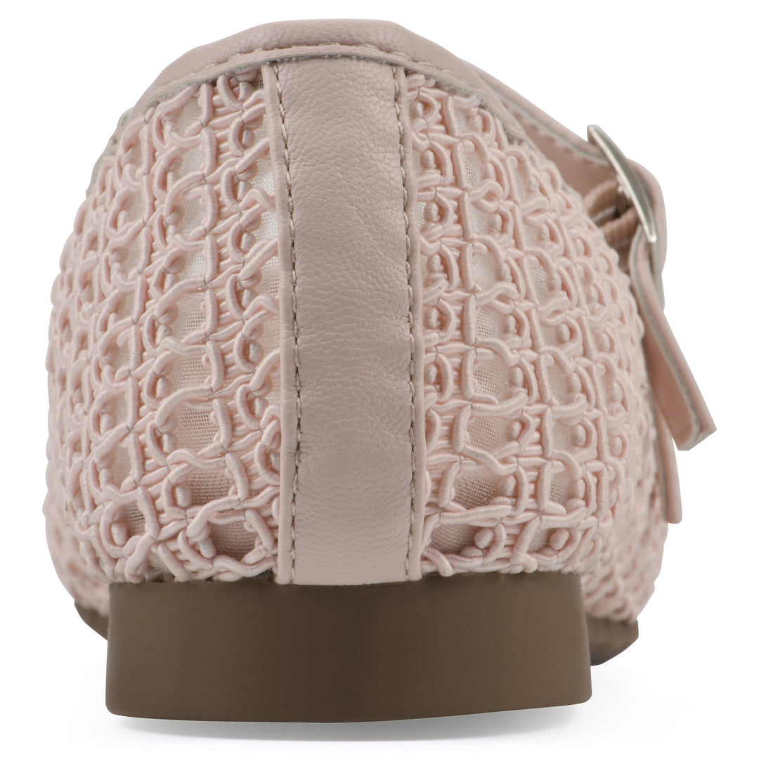 Rear view of a light pink mesh ballet flat with double adjustable mini straps and a brown sole 