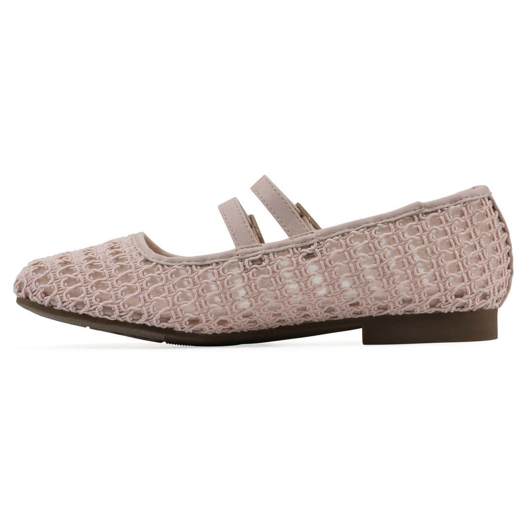 Side view of a light pink mesh ballet flat with double adjustable mini straps and a brown sole 