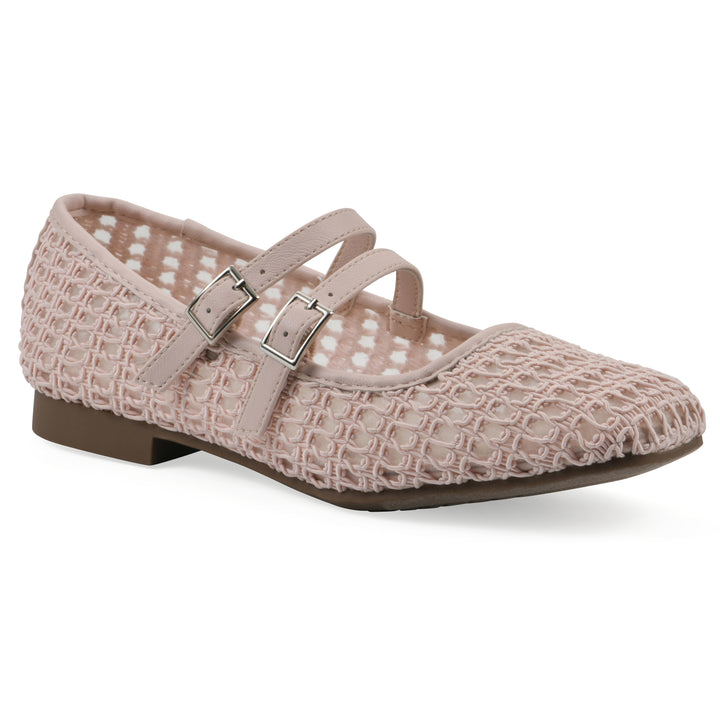 Angle view of a light pink mesh ballet flat with double adjustable mini straps and a brown sole 