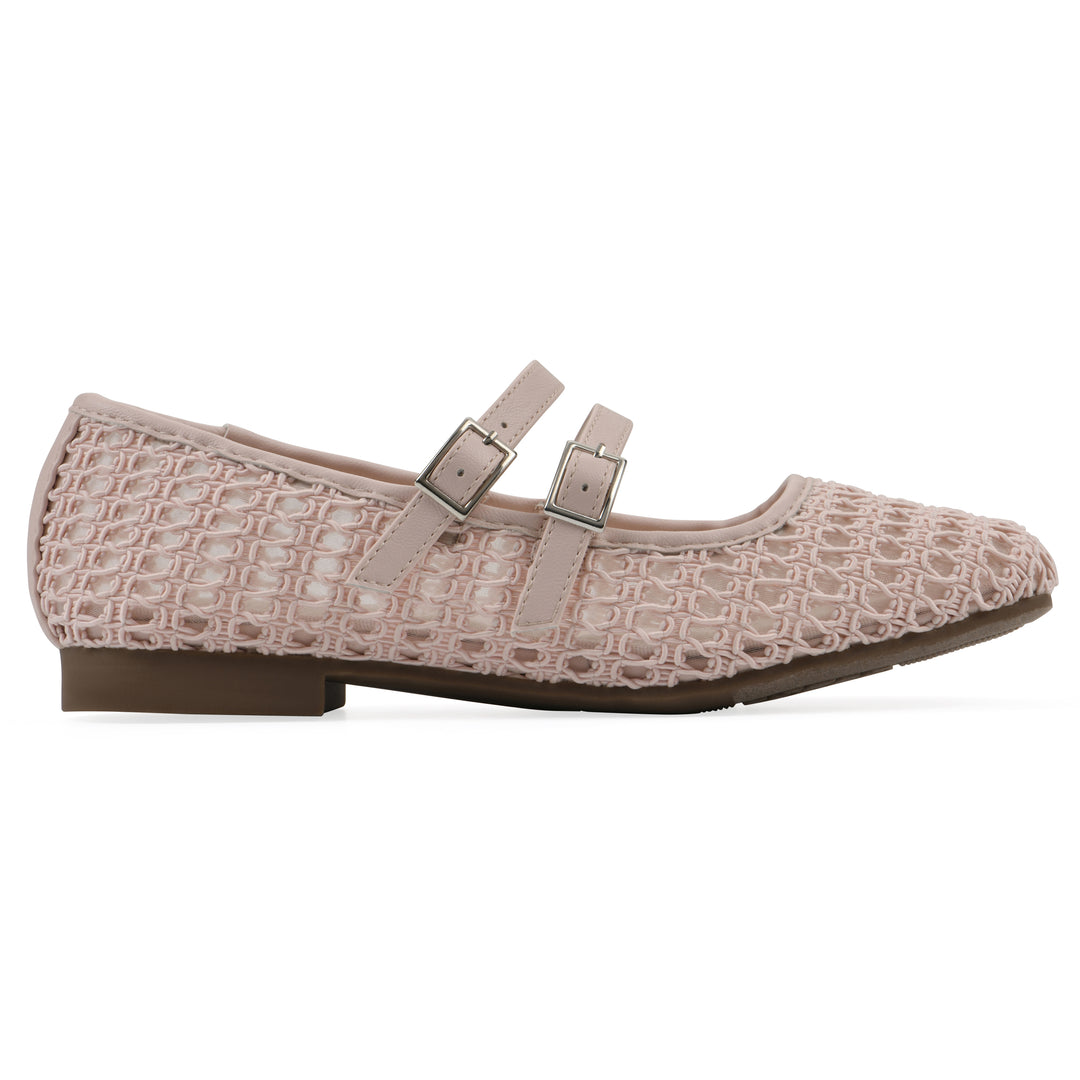 Side view of a light pink mesh ballet flat with double adjustable mini straps and a brown sole 