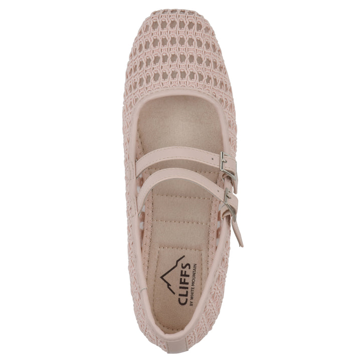 Top view of a light pink mesh ballet flat with double adjustable mini straps and a brown sole 