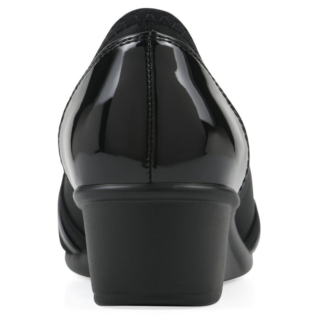 Rear view of slip on wedge with a peep toe in navy blue