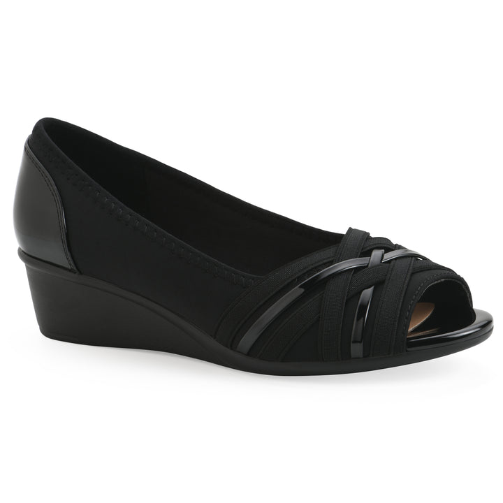 Angel view of slip on wedge with a peep toe in black
