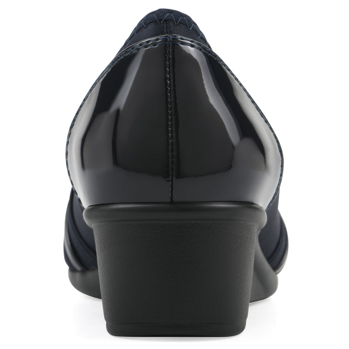 Rear view of slip on wedge with a peep toe in navy blue