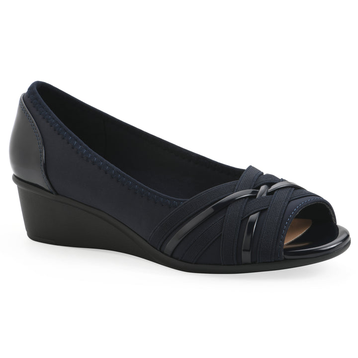 Angel view of slip on wedge with a peep toe in navy blue