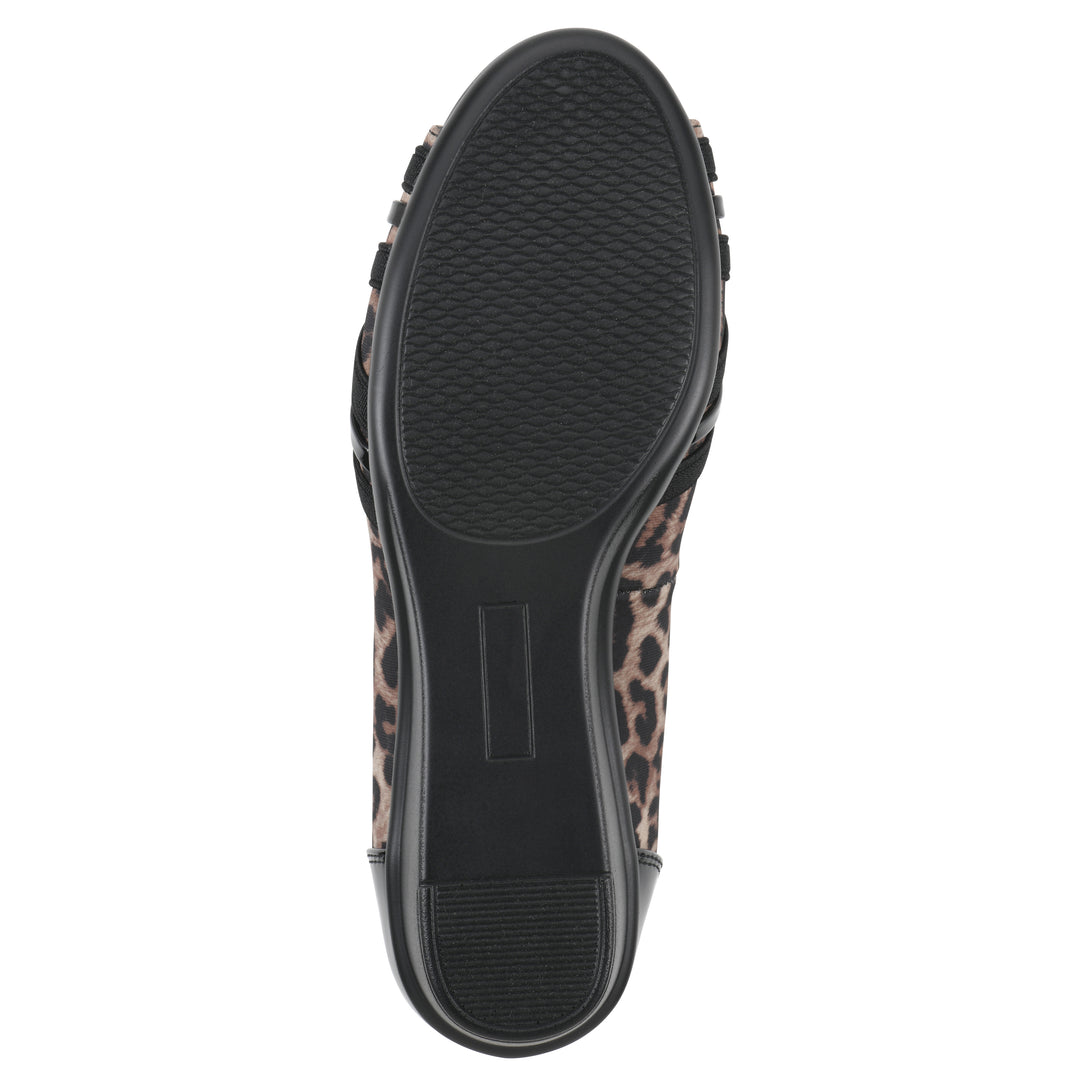 Sole view of slip on wedge with a peep toe in leopard print 