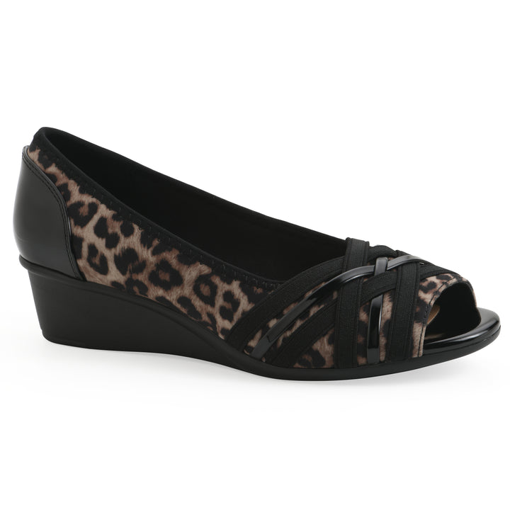 Angel view of slip on wedge with a peep toe in leopard print 
