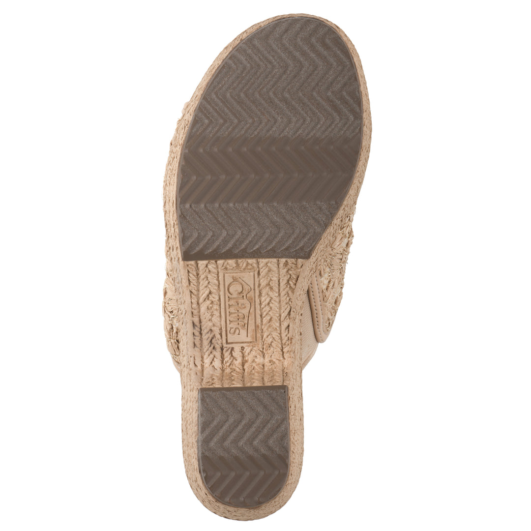 Sole view of a natural beige embroidered fabric wedge sandal with a braided rope-style sole