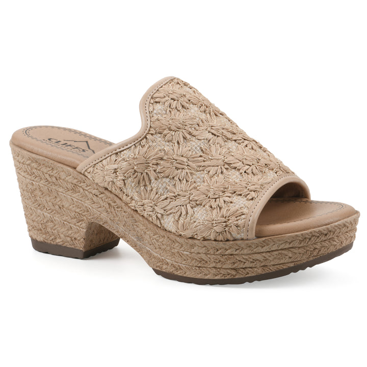 Angle view of a natural beige embroidered fabric wedge sandal with a braided rope-style sole