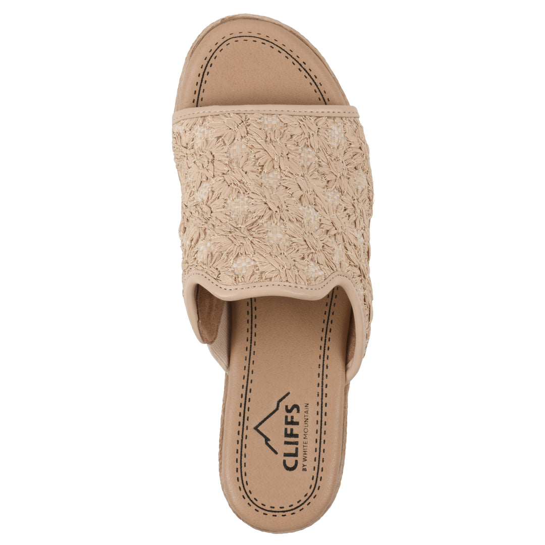 Top view of a natural beige embroidered fabric wedge sandal with a braided rope-style sole