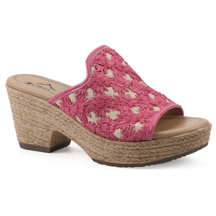 Angle view of a magenta embroidered fabric wedge sandal with a braided rope-style sole
