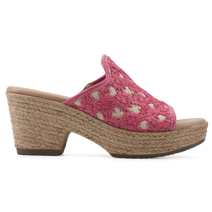 Side view of a magenta embroidered fabric wedge sandal with a braided rope-style sole