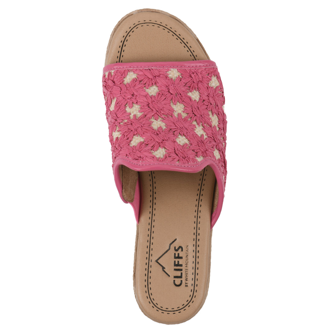 Top view of a magenta embroidered fabric wedge sandal with a braided rope-style sole