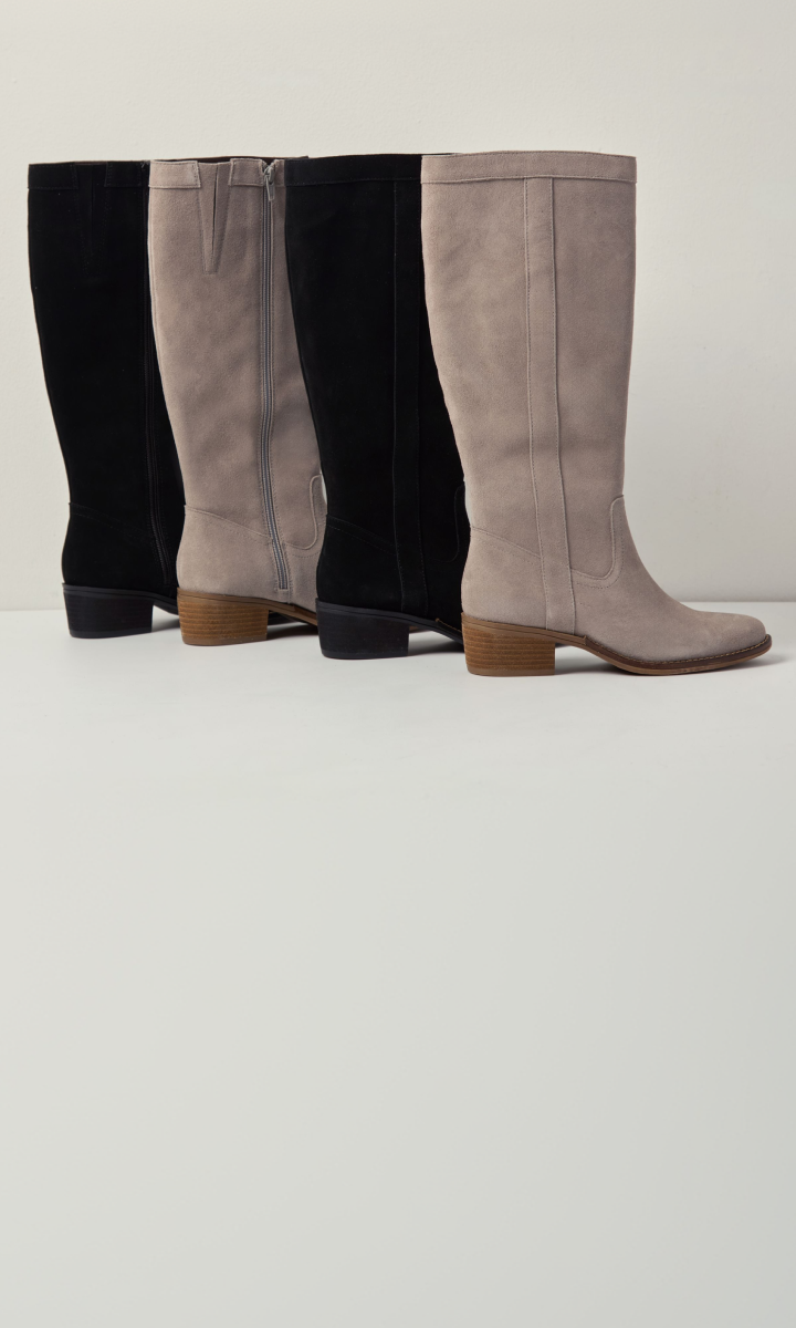Four knee-high boots in different colors (black, dark brown, taupe, and light taupe) lined up on a light gray studio background.