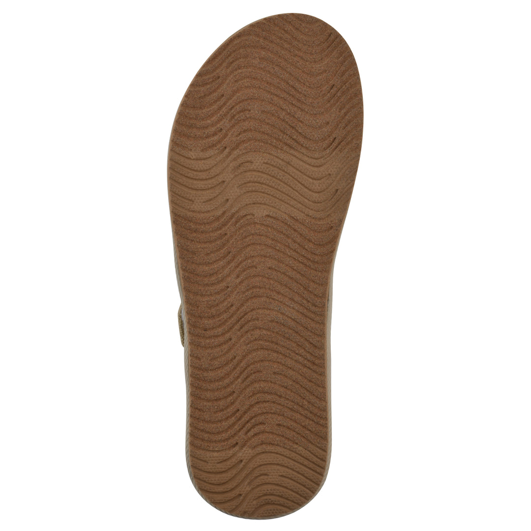 Sole view of a khaki fabric thong sandal with velcro center strap and a tan sole
