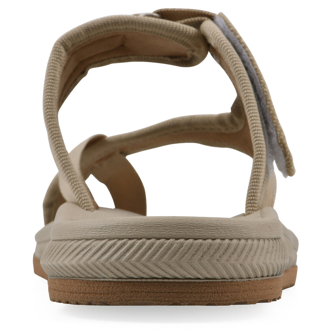 Rear view of a khaki fabric thong sandal with velcro center strap and a tan sole