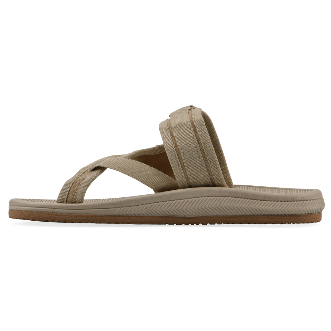 Side view of a khaki fabric thong sandal with velcro center strap and a tan sole