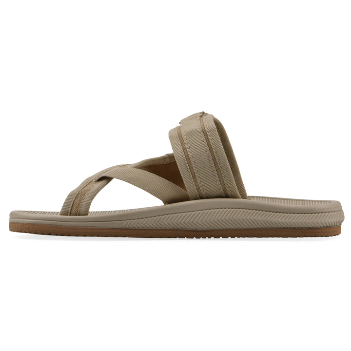 Side view of a khaki fabric thong sandal with velcro center strap and a tan sole