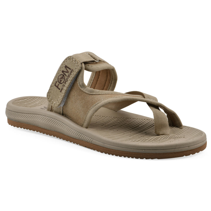 Angle view of a khaki fabric thong sandal with velcro center strap and a tan sole