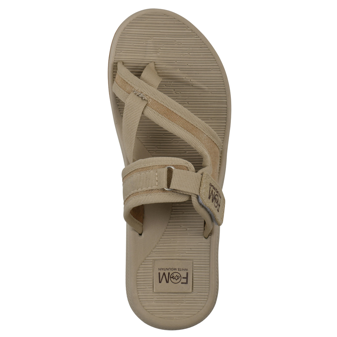 Top view of a khaki fabric thong sandal with velcro center strap and a tan sole