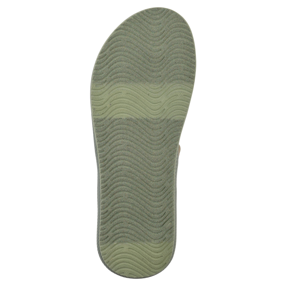 Sole view of a sage fabric thong sandal with velcro center strap and a sage sole