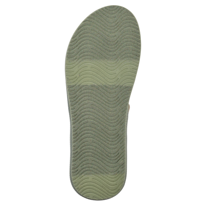 Sole view of a sage fabric thong sandal with velcro center strap and a sage sole