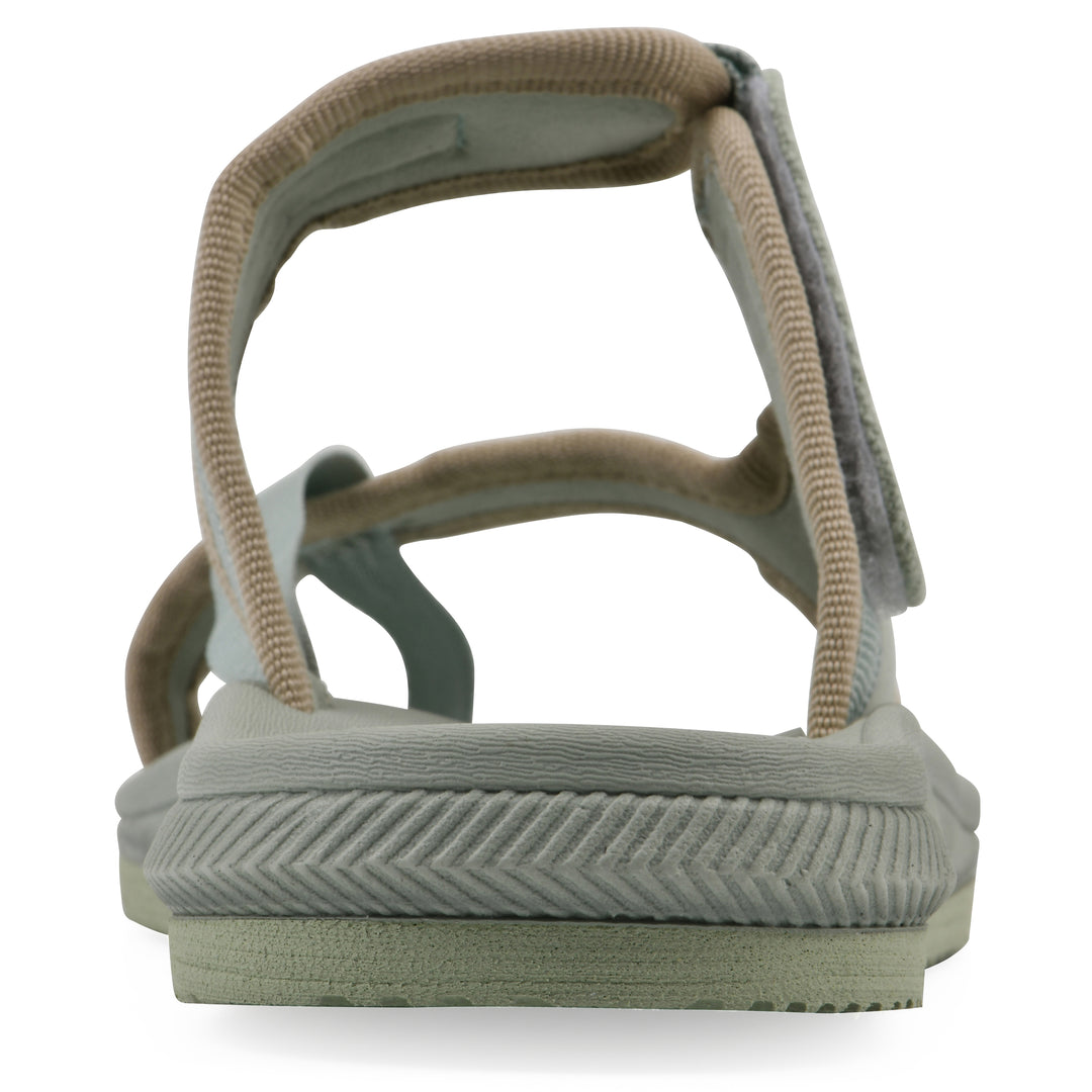 Rear view of a sage fabric thong sandal with velcro center strap and a sage sole