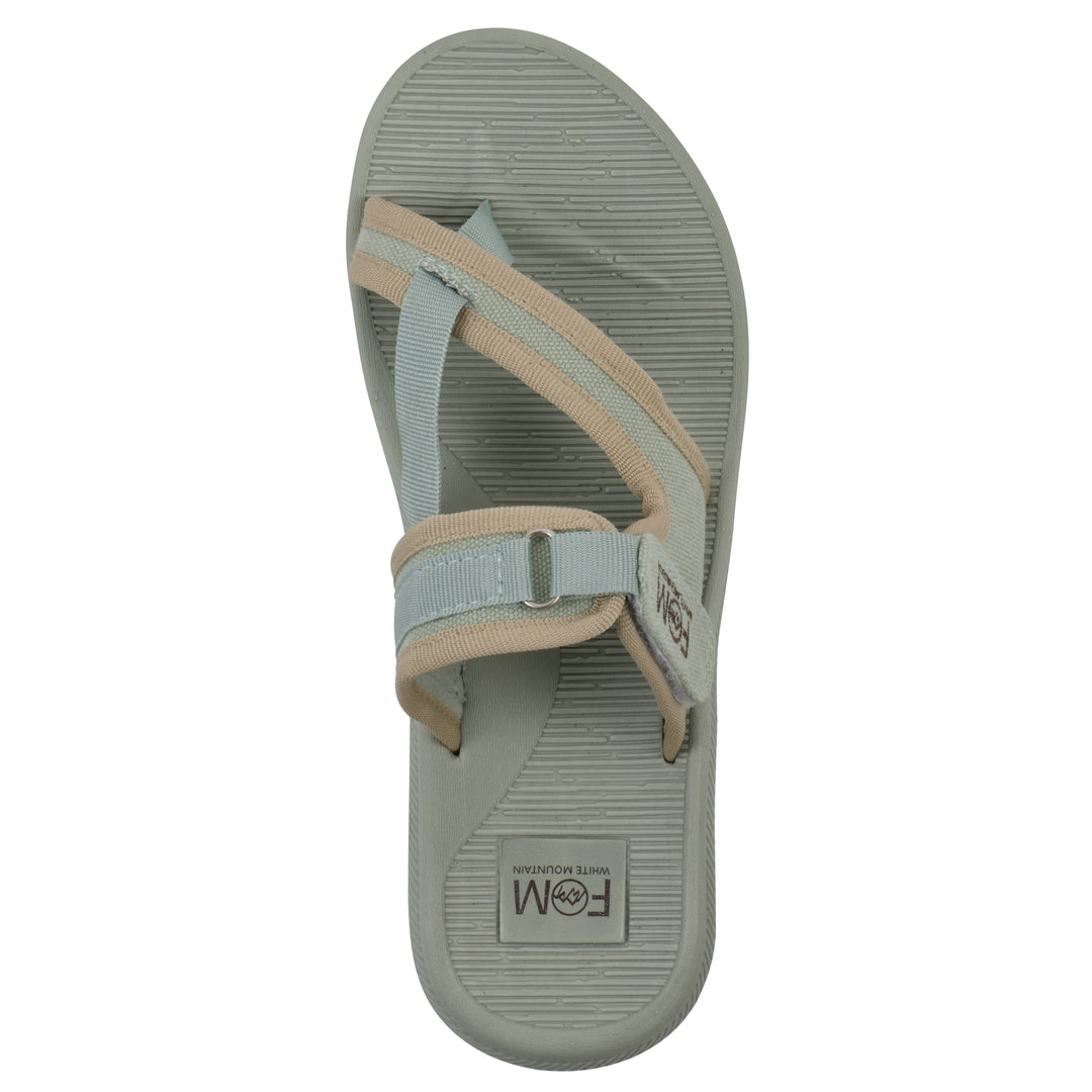 Top view of a sage fabric thong sandal with velcro center strap and a sage sole