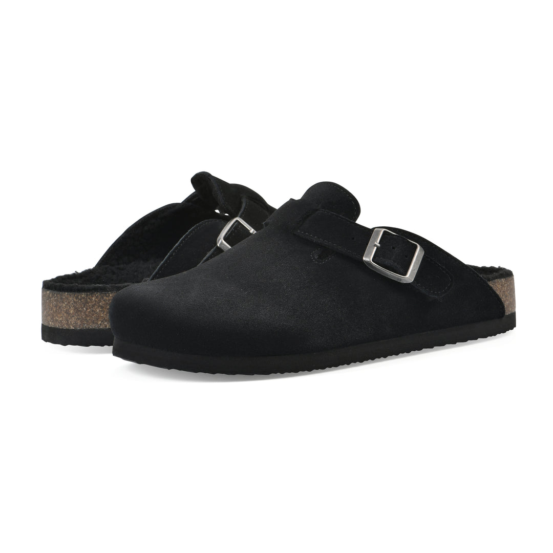 Bari Footbeds Clog - Black Suede Faux Shearling Lined