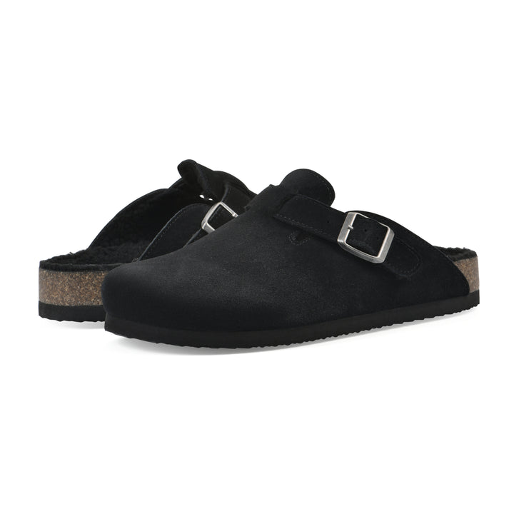 Bari Footbeds Clog - Black Suede Faux Shearling Lined