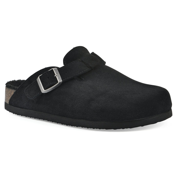 Bari Footbeds Clog - Black Suede Faux Shearling Lined