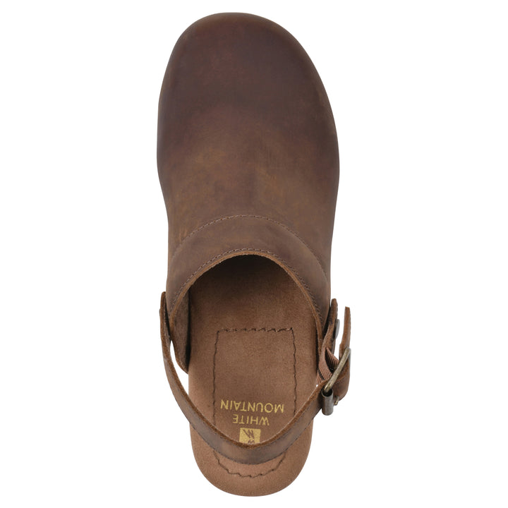 Top view of a backless brown leather clog with adjustable back strap and wood style heel