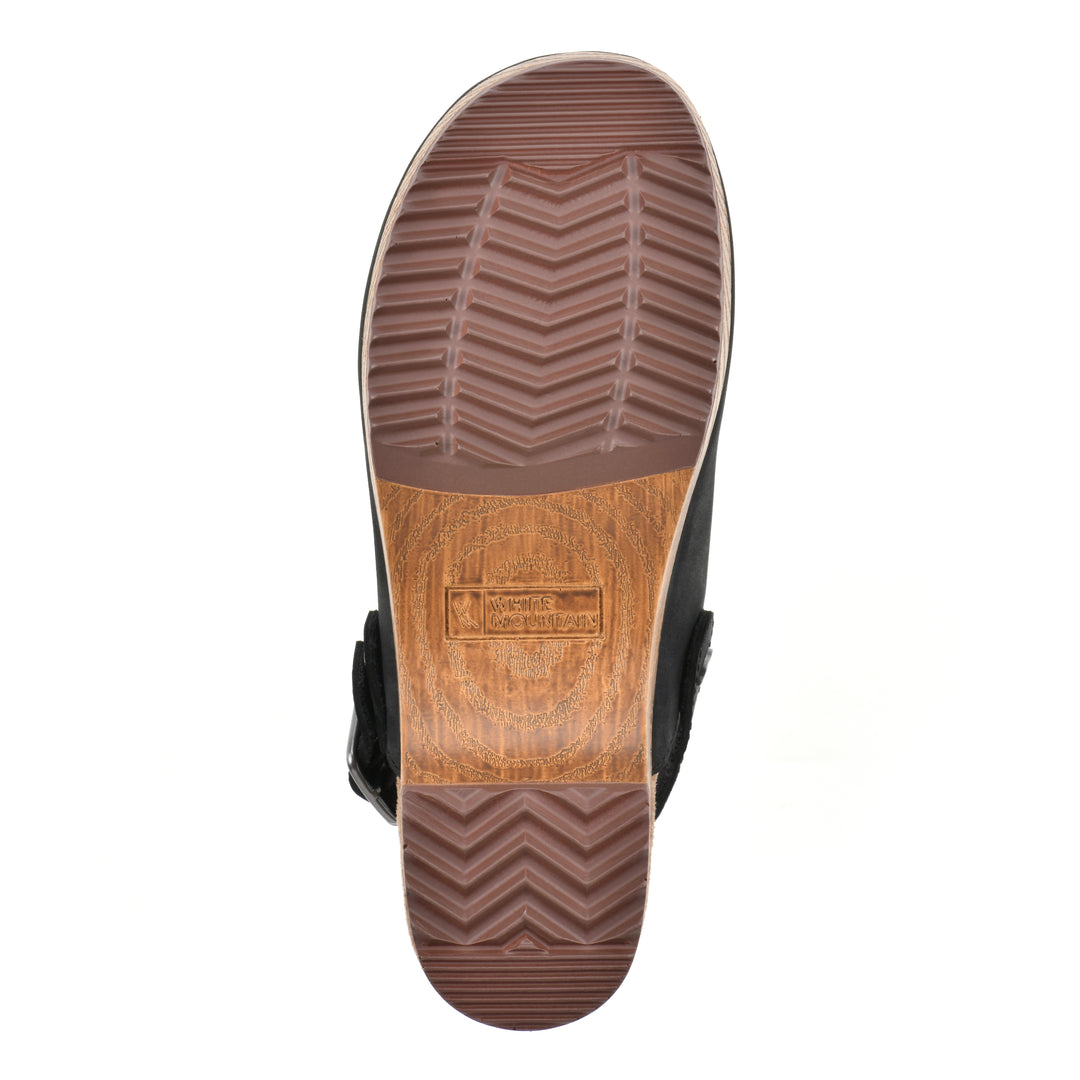 Sole view of a backless black leather clog with adjustable back strap and wood style heel