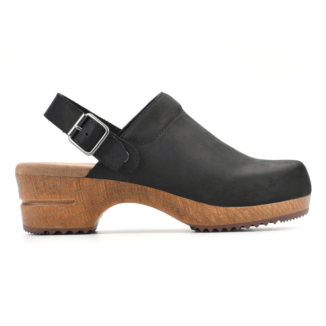 Side view of a backless black leather clog with adjustable back strap and wood style heel