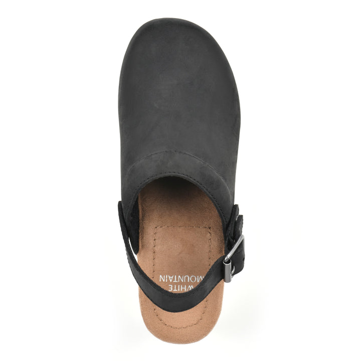 Top view of a backless black leather clog with adjustable back strap and wood style heel