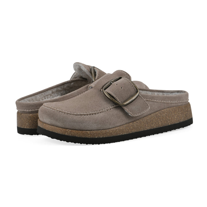 Bueno Footbeds Clog - Light Taupe Suede with Faux Fur Lining