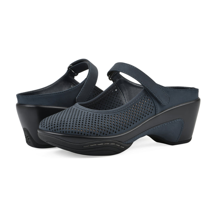 Angel view of a pair of  navy-colored clog with a closed toe and adjustable strap, featuring a perforated diamond design and a low heel.