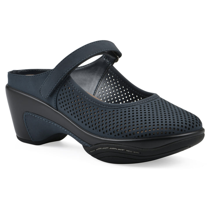 Angel view of a navy-colored clog with a closed toe and adjustable strap, featuring a perforated diamond design and a low heel.
