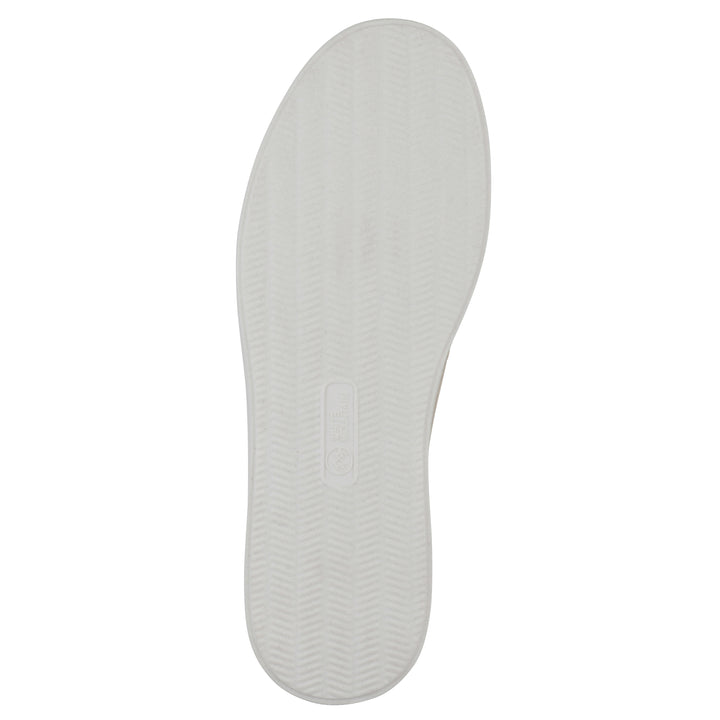 Sole view of a taupe slip-on sneaker with white sole, and perforated mesh fabric