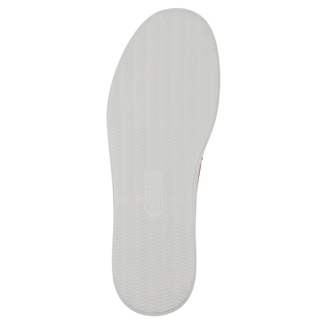 Sole view of a red slip-on sneaker with white sole, and perforated mesh fabric