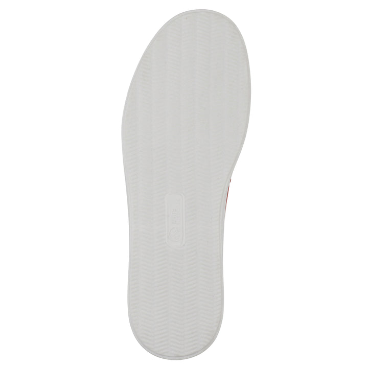 Sole view of a red slip-on sneaker with white sole, and perforated mesh fabric